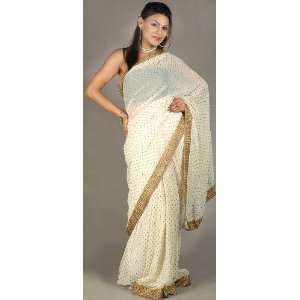   Ivory Sari with All Over Painted Paisleys   Georgette 