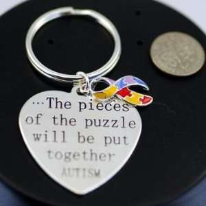 Autism Awareness Heart Keychain Keyring with Puzzle Piece Ribbon Charm 