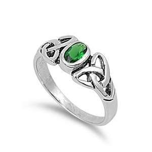 Sterling Silver Oval Shape Emerald CZ Celtic Ring May Birthstone Size 
