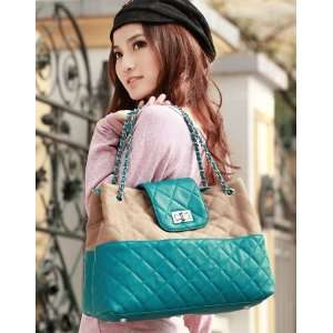   Handbag Large Tote Lattice Grid Quilted Chain Women New Blue 170311 16