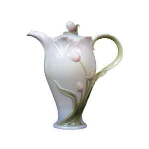  8 inch Pale Blue and White Glazed Porcelain Pink Tulip 