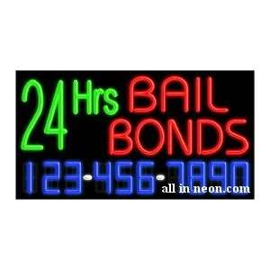  24 Hr Bail Bonds Neon Sign with Phone Number Office 