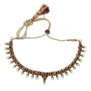   Pearl Necklace Embedded with Purple Stones & Polki 