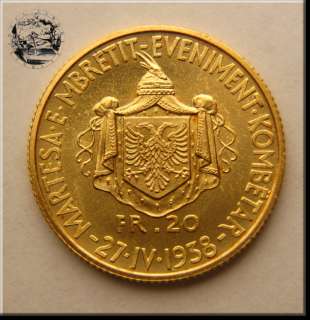 Albania 20 FRANGA ARI 1938 Gold #LAR 17  