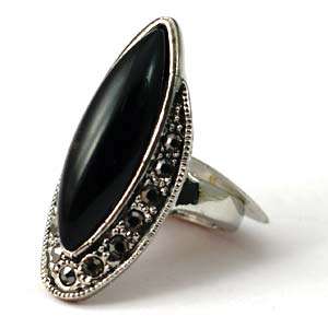   Sz 10 Tibetan Silver Black Gemstone Diamante Zircon Inlaid Finger Ring