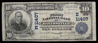 First National Bank of Davidsville, 1902 $10 Plain Back, Charter 11407 