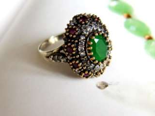 OVAL ANTIQUE INSPIRED TURKISH ARTISAN 925 STERLING RING RUBY EMERALD 