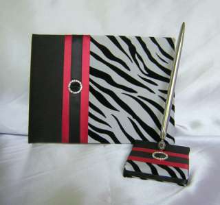 Black Red Zebra Print Flower Girl Basket Ring Pillow Guest Book Pen 