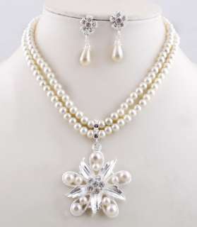 Imitate Pearl Rhinestone Pendant Necklace Earring Jewelry 1Set Wedding 