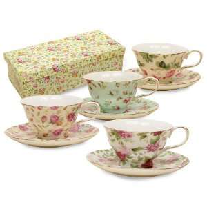 Gracie China Rose Chintz 8 Ounce Porcelain Tea Cup and Saucer, Set of 