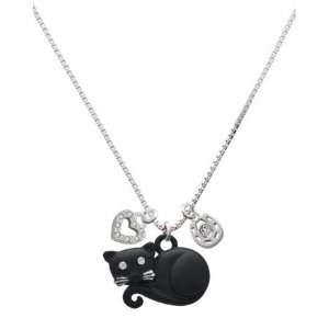  Curled Up Matte Black Cat, Love, and Luck Charm Necklace 
