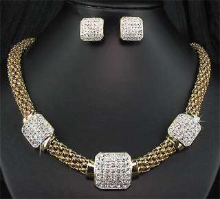 Wedding Party Bridal Golden KGP Crystal Mesh Necklace Earrings Jewelry 