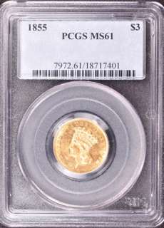 1855 INDIAN PRINCESS $3 PCGS MS 62  