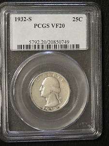 1932 S PCGS VF20 Good Washington Silver Quarter 25c Denver Mint Key 