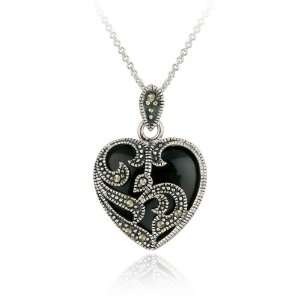  Sterling Silver Marcasite & Onyx Heart Pendant Jewelry