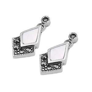  Sterling Silver Diamond Shape Pearl & Marcasite Earrings Jewelry