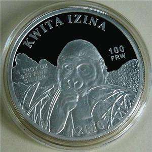 RWANDA 100 FRW 2010 1 Oz Silver Proof Gorilla  