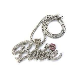   MINAJ BARBIE Script Pendant Silver Franco Chain Clear Stone Jewelry