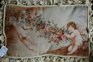 14x22 Angel Cherub Handmade PetitPoint Needlepoint Pillow w/Cotton 