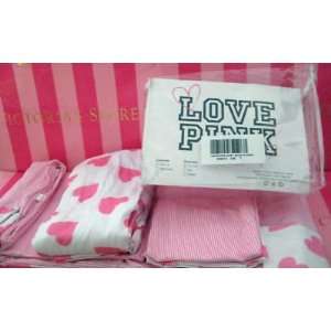 Victorias Secret Pink Hearts & Stripes Bedding Sheets Set FULL 