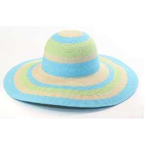  Ladies Wide Brim Straw Stripe Floppy Summer Beach Hat Blue 