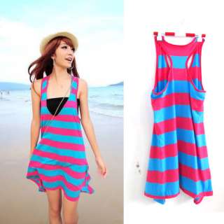 Women Casual Sexy Summer Short Striped Mini Beach Dress  