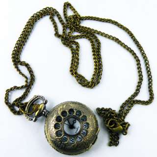   Hollow Copper toned Quartz Pocket Watch Pandent Necklace Chain  