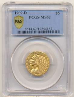 USA GOLD 5 DOLLAR INDIAN HEAD 1909 D KM#129 PCGS MS62  