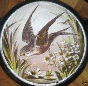 ART NOUVEAU PAINTED BIRD ANTIQUE STAINED GLASS WINDOW  