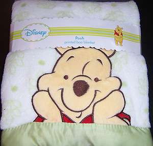 New Disney Winnie Pooh Printed Boa Baby Blanket Lovey Wht & Green 30 