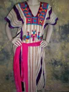vtg 70s 80s BOHO bird ETHNIC FESTIVAL embroidered BURLAP tourist dress 