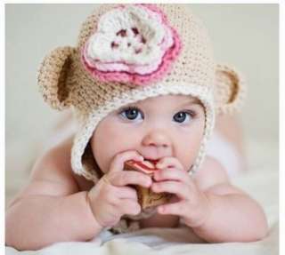 BABY GIRL BROWN BEAR FLOWER CAP HAT BEANIE KNIT CROCHET  