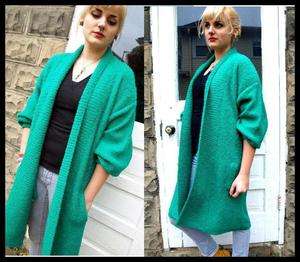 Vintage 80s 90s long green knit Oversized SWEATER coat cardigan Jacket 