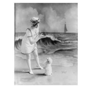 Young Woman in Bathing Suit with Small Dog in Front of Studio Backdrop 