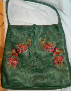 Carlos Falchi Deep Emerald Green Pebble Leather Embroidered,Studs Tote 