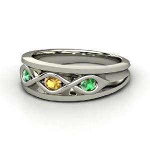  Triple Twist Ring, Palladium Ring with Citrine & Emerald 