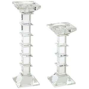    Clear Crystal Cubic Set of 2 Pillar Candle Holders