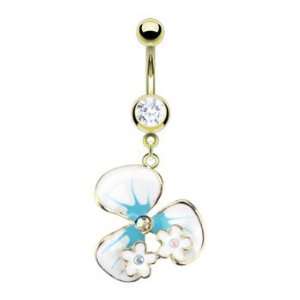   gold plated navel ring with 3 petal flower with tiny flowers Jewelry