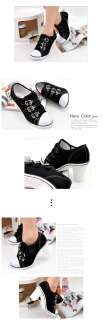 Women Canvas High Heels Sneakers Tennis Shoes Velcroed Black US 6~8 