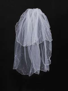 007 2T 2 Tier Elbow Length White Bride Bridal Wedding Veil w Beading 