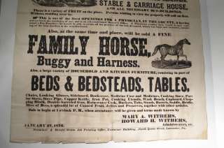 1870 LANCASTER,PA SALE BROADSIDE HOUSE, FARM, HORSE,ETC  