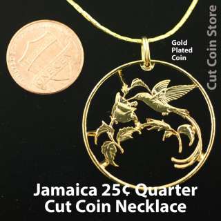 Gold Plated Jamaica Streamertail 25¢ Cut Coin Necklace Jamaican 