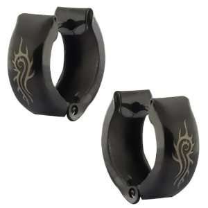 Black Stainless Steel Ancient Symbol Huggie Hoop Earrings 13mm Length 
