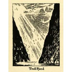  1938 Wood Engraving Troll Fjord Landscape Scenery Norwegian Norway 
