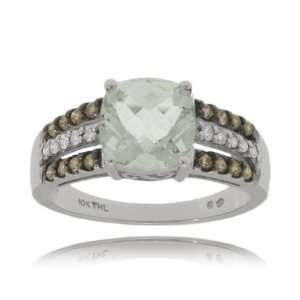  Green Amethyst Ring in White Gold w/ Champagne Diamonds 
