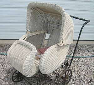 Antique Wicker Baby Buggy Early 1900s Adjustable Nice  