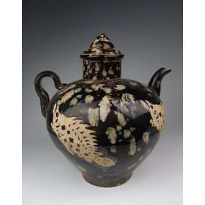 Glaze Porcelain Lidded Ewer With Incised Fish Pattern, Chinese Antique 