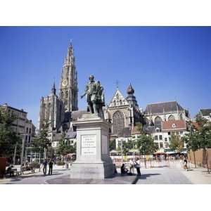 Statue of Rubens, Cathedral, and Groen Plaats, Antwerp, Belgium 