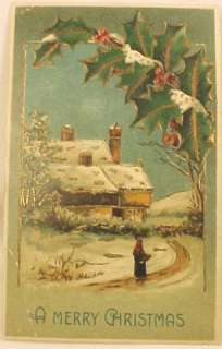 Victorian A MERRY CHRISTMAS HOUSE & HOLLY POSTCARD  