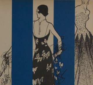   Rene GRUAU ORIGINAL 1951 Linen backed Fashion Print, Blue B/W, Dresses